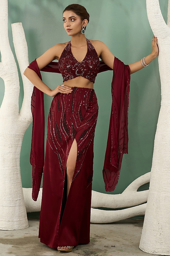 Burgundy Chiffon Satin Skirt Set by One Knot One