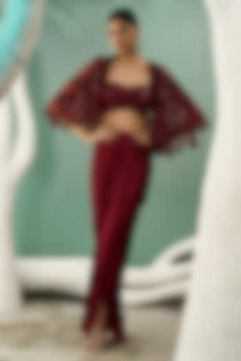 Burgundy Silk Satin Draped Skirt Set by One Knot One