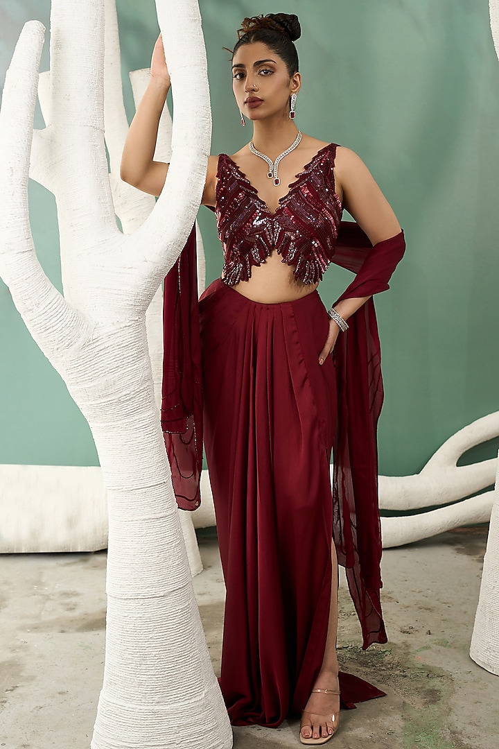 Burgundy Chiffon Satin Draped Skirt Set by One Knot One By Ashna at Pernia's Pop Up Shop