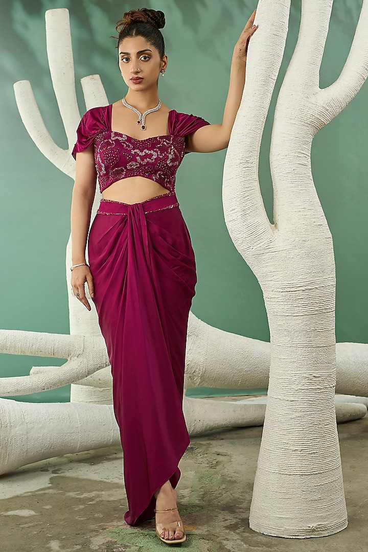 Plum Pink Silk Satin Asymmetric Draped Skirt Set by One Knot One By Ashna at Pernia's Pop Up Shop