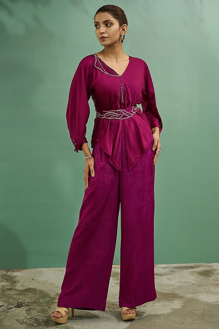 Plum Pink Silk Satin Co-Ord Set by One Knot One