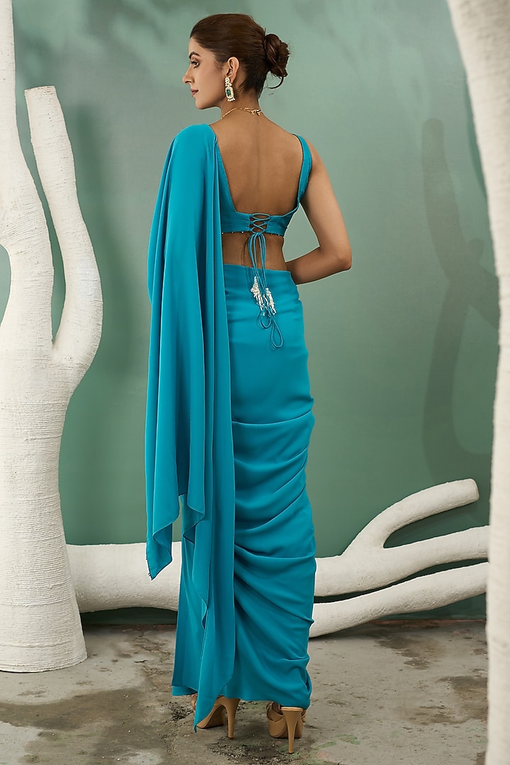 Firozi Blue Georgette Draped Wedding Saree Set by One Knot One By Ashna at Pernia's Pop Up Shop