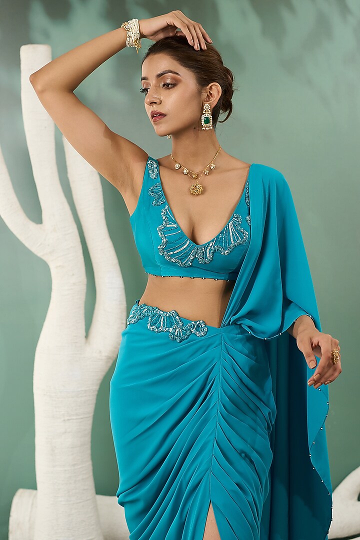 Firozi Blue Georgette Draped Wedding Saree Set by One Knot One By Ashna at Pernia's Pop Up Shop