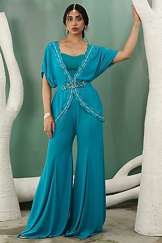Firozi Blue Georgette Sequins & Cutdana Embroidered Tunic Set by One Knot One By Ashna