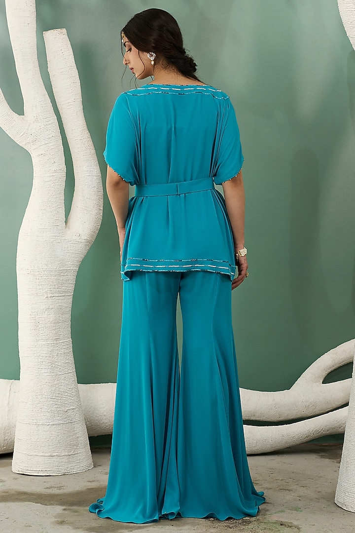 Firozi Blue Georgette Sequins & Cutdana Embroidered Tunic Set by One Knot One By Ashna at Pernia's Pop Up Shop