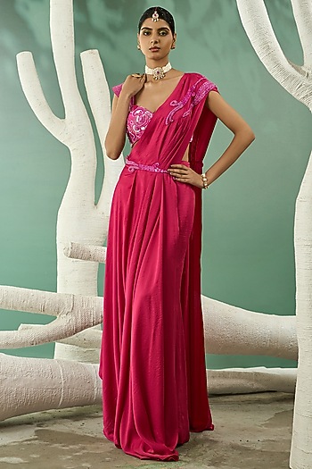 Fuchsia Pink Crinkled Crepe Satin Overlay Draped Wedding Saree Set by One Knot One By Ashna at Pernia's Pop Up Shop