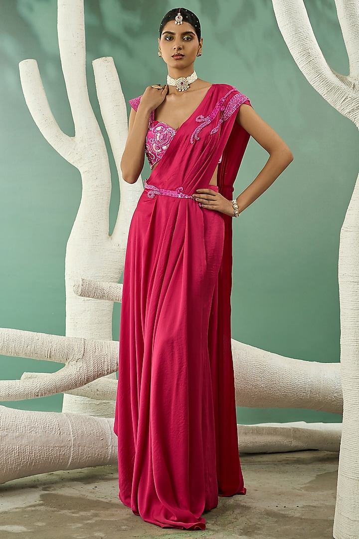 Fuchsia Pink Crinkled Crepe Satin Overlay Draped Saree Set by One Knot One