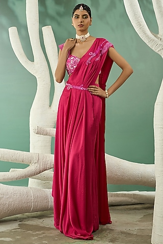 Fuchsia Pink Crinkled Crepe Satin Overlay Draped Saree Set by One Knot One By Ashna