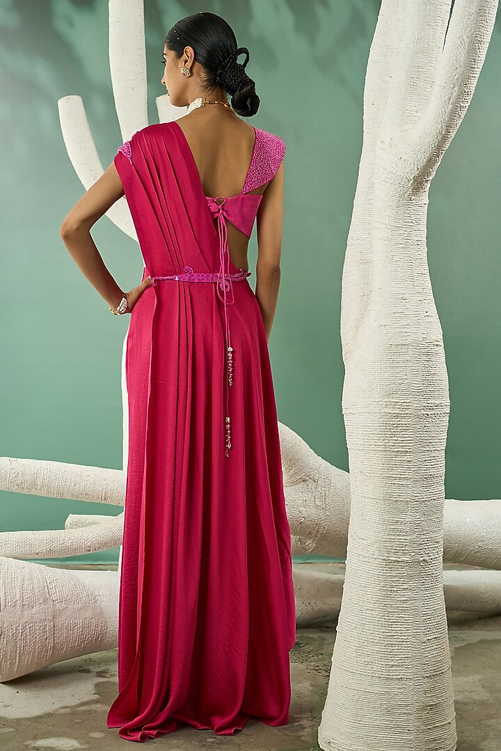 Fuchsia Pink Crinkled Crepe Satin Overlay Draped Wedding Saree Set by One Knot One By Ashna at Pernia's Pop Up Shop