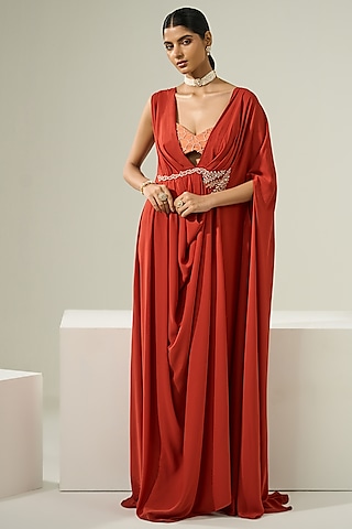 Rust Orange Georgette Cutdana Embroidered Kaftan Dress by One Knot One By Ashna