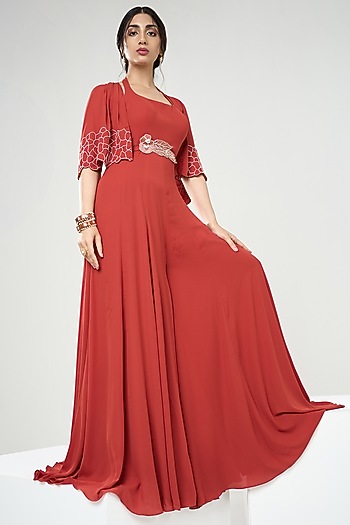 Rust Orange Georgette Cutdana Embroidered Jumpsuit With Cape by One Knot One By Ashna at Pernia's Pop Up Shop