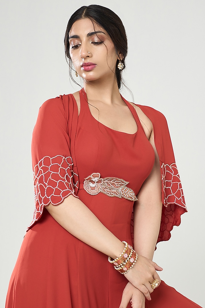 Rust Orange Georgette Cutdana Embroidered Jumpsuit With Cape by One Knot One By Ashna at Pernia's Pop Up Shop