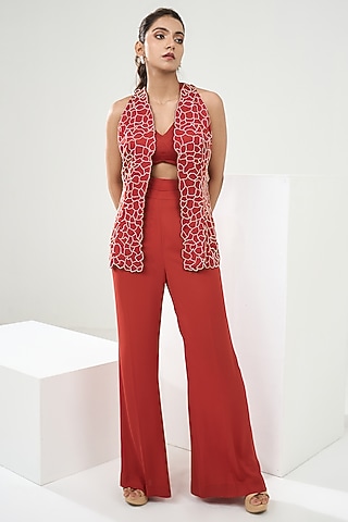 Rust Orange Silk Satin Hand Embroidered Blazer Set by One Knot One By Ashna