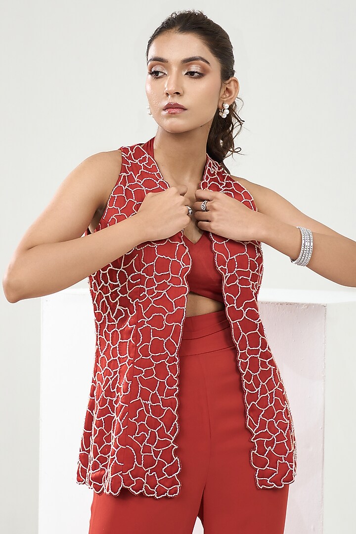 Rust Orange Silk Satin Hand Embroidered Blazer Set by One Knot One By Ashna at Pernia's Pop Up Shop