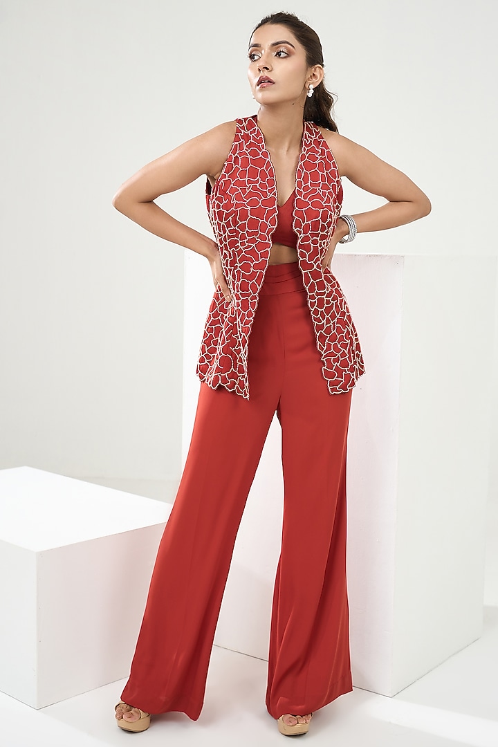 Rust Orange Silk Satin Hand Embroidered Blazer Set by One Knot One By Ashna at Pernia's Pop Up Shop