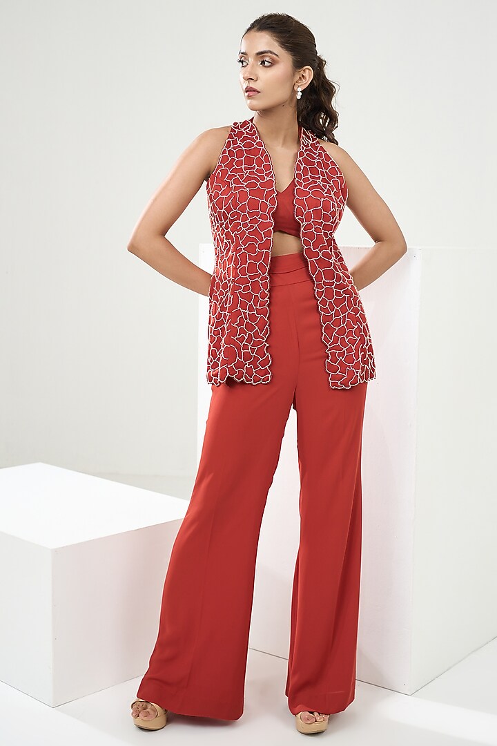 Rust Orange Silk Satin Hand Embroidered Blazer Set by One Knot One By Ashna at Pernia's Pop Up Shop