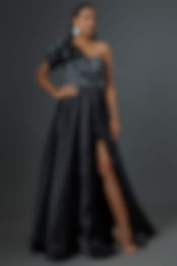 Black Organza One Shoulder Gown by One Knot One at Pernia's Pop Up Shop