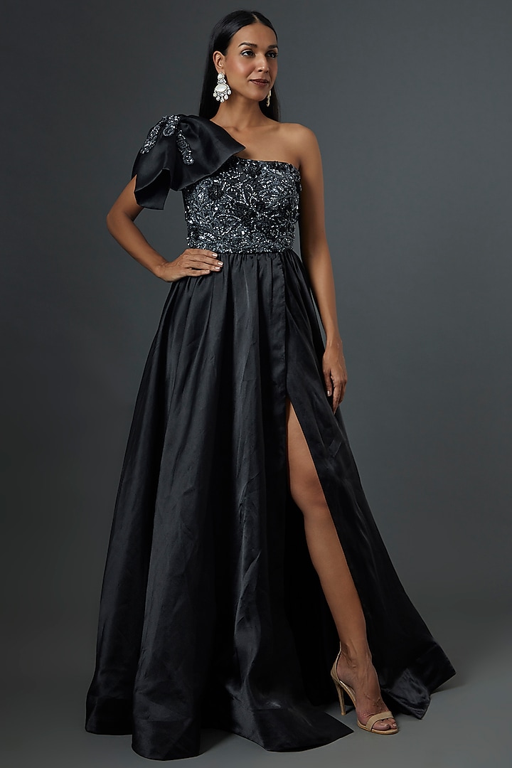 Black Organza One Shoulder Gown by One Knot One