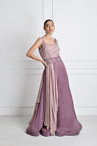 Mauve Chiffon Embroidered Jumpsuit by One Knot One By Ashna