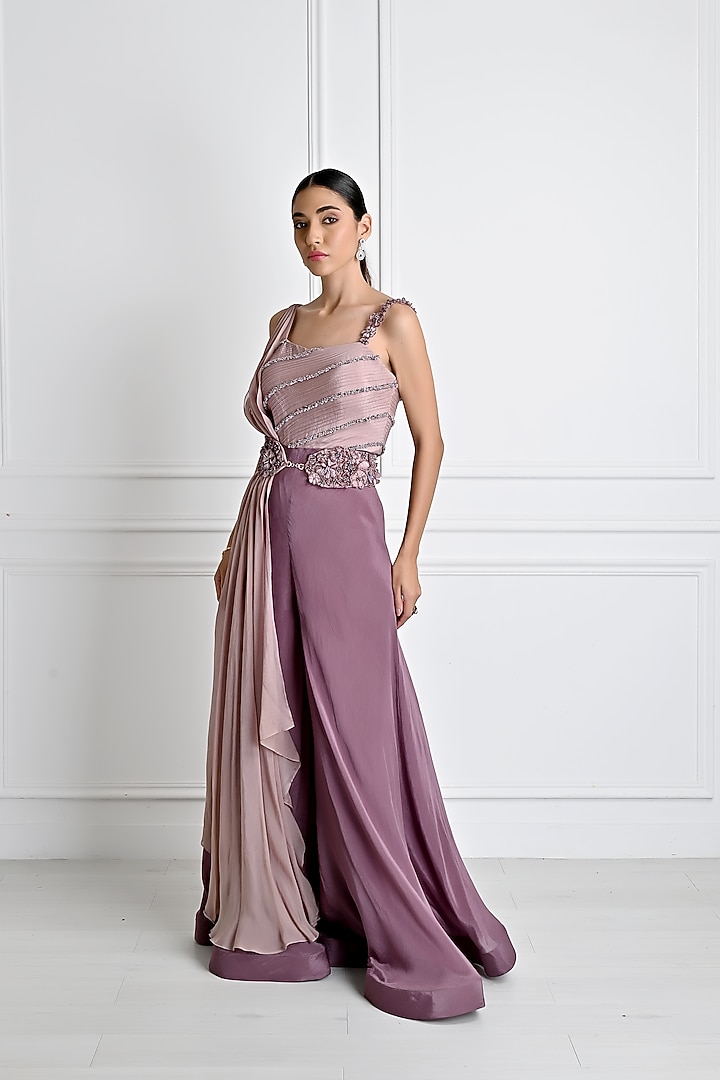 Mauve Chiffon Embroidered Jumpsuit by One Knot One By Ashna at Pernia's Pop Up Shop