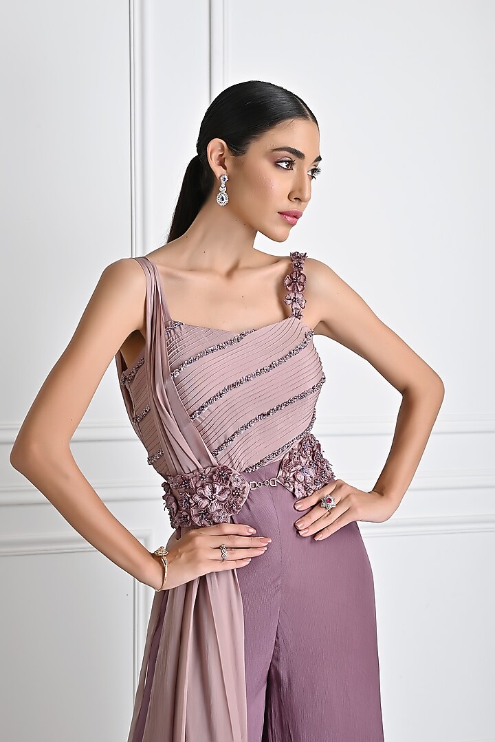 Mauve Chiffon Embroidered Jumpsuit by One Knot One By Ashna at Pernia's Pop Up Shop