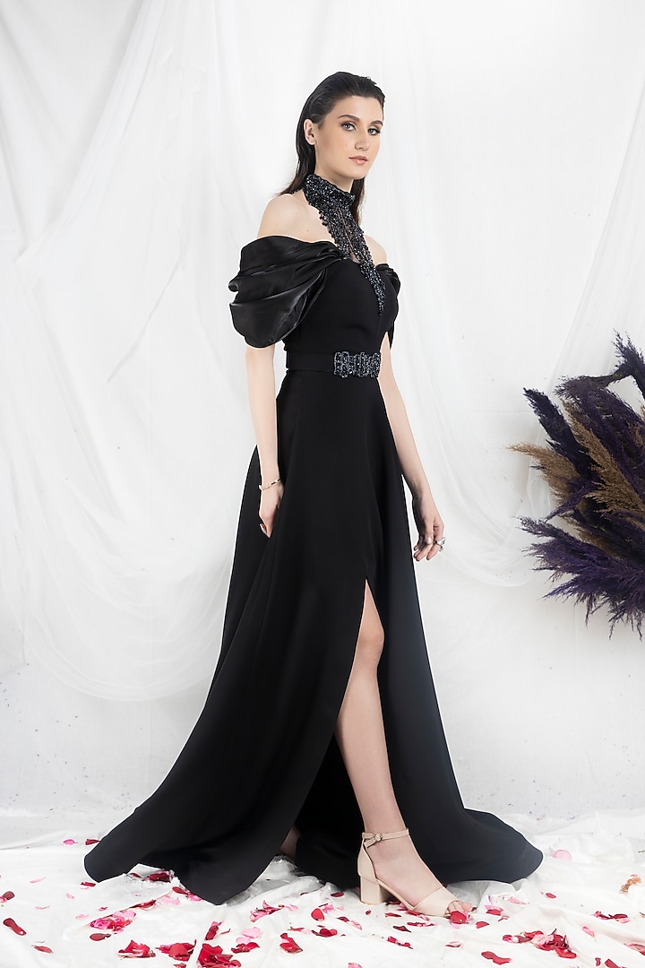 Black Crepe Gown With Belt by One Knot One By Ashna at Pernia's Pop Up Shop