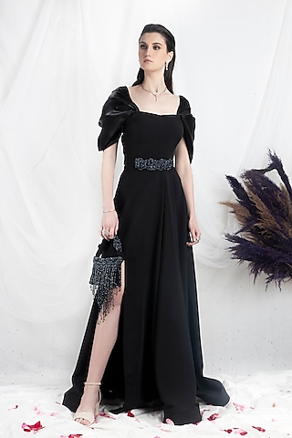 Black Crepe Gown With Belt by One Knot One By Ashna
