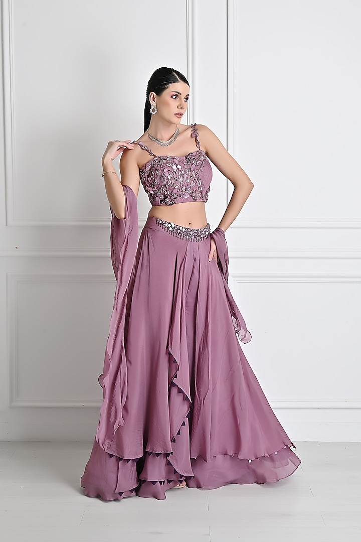 Purple Chinon Chiffon Layered Sharara Set by One Knot One at Pernia's Pop Up Shop