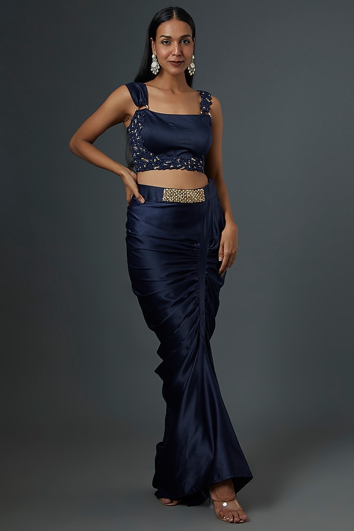 Navy Blue Satin Fish-Cut Draped Skirt by One Knot One
