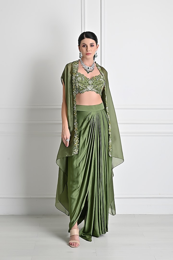 Mehendi Green Embroidered Cape Set by One Knot One