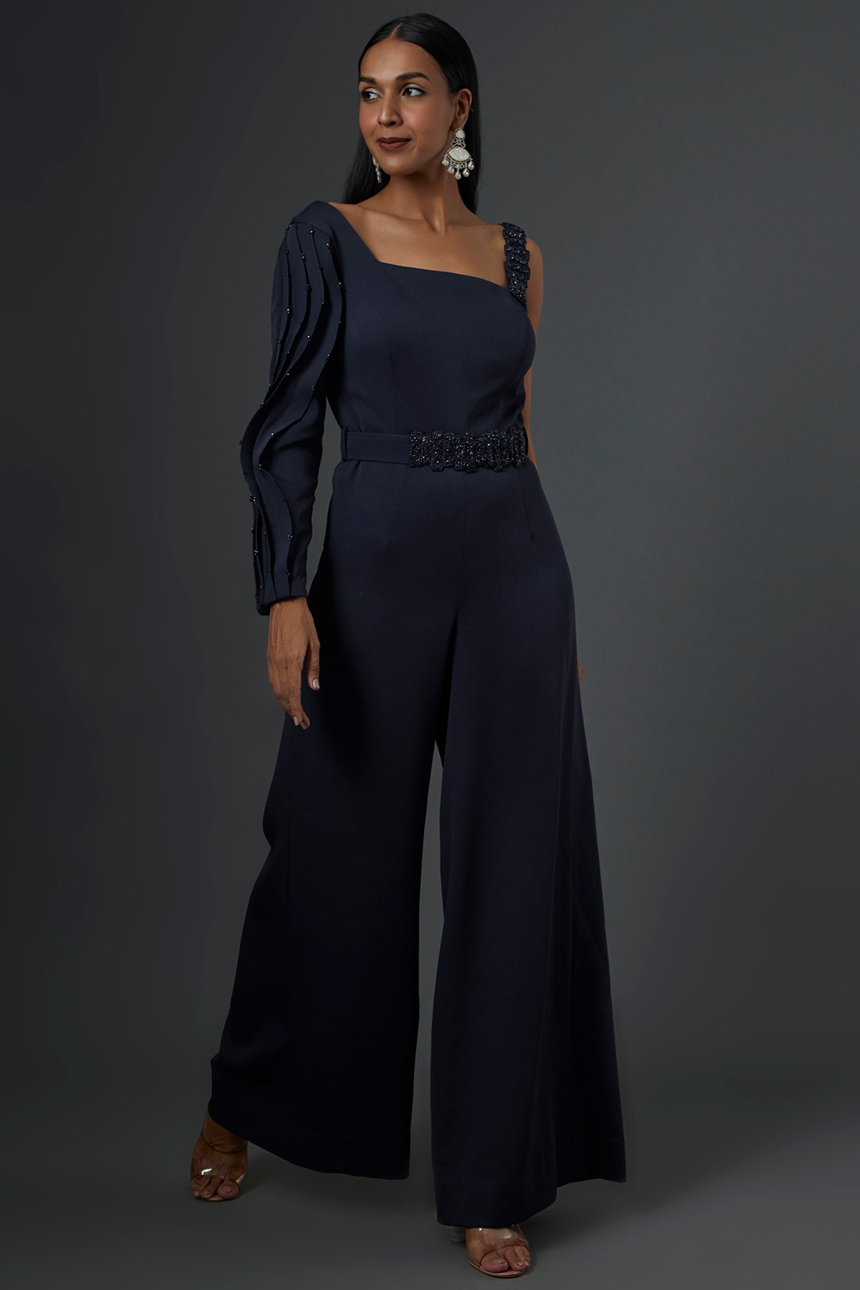 One shoulder store navy jumpsuit