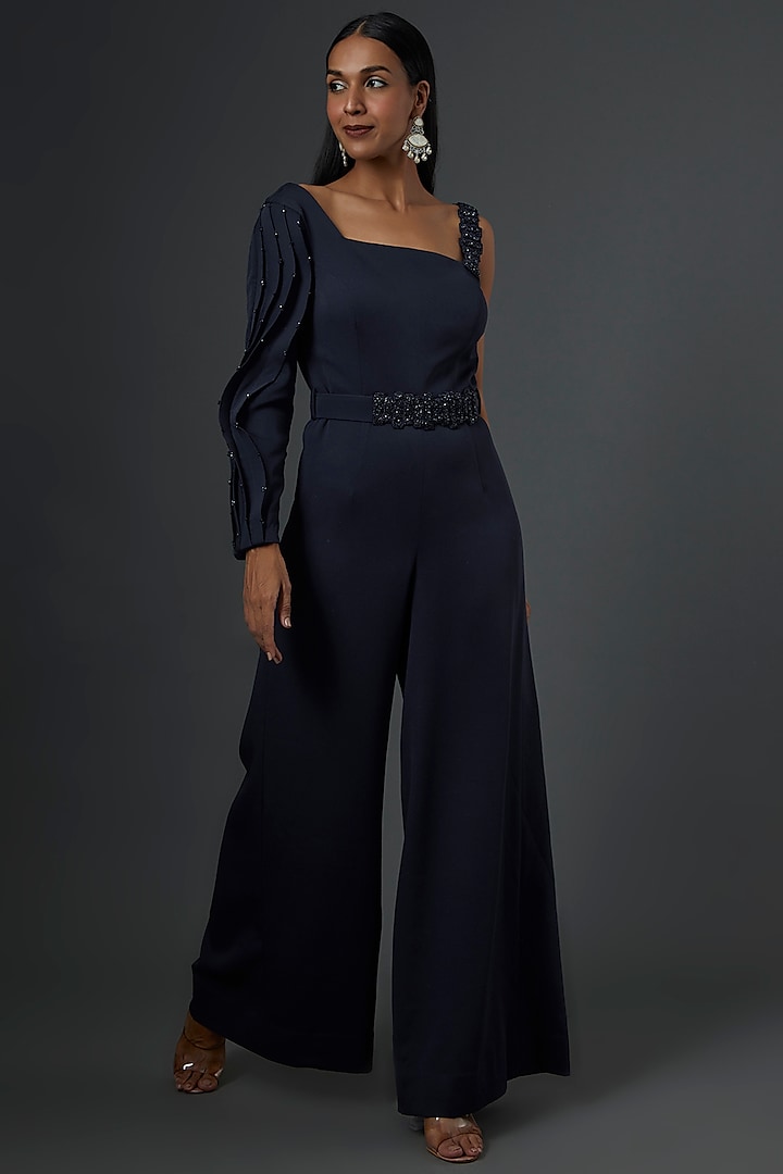 Navy Blue Crepe One Shoulder Jumpsuit by One Knot One