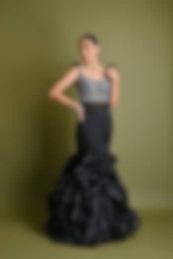 Black Satin Fish Cut Ruffled Gown by One Knot One