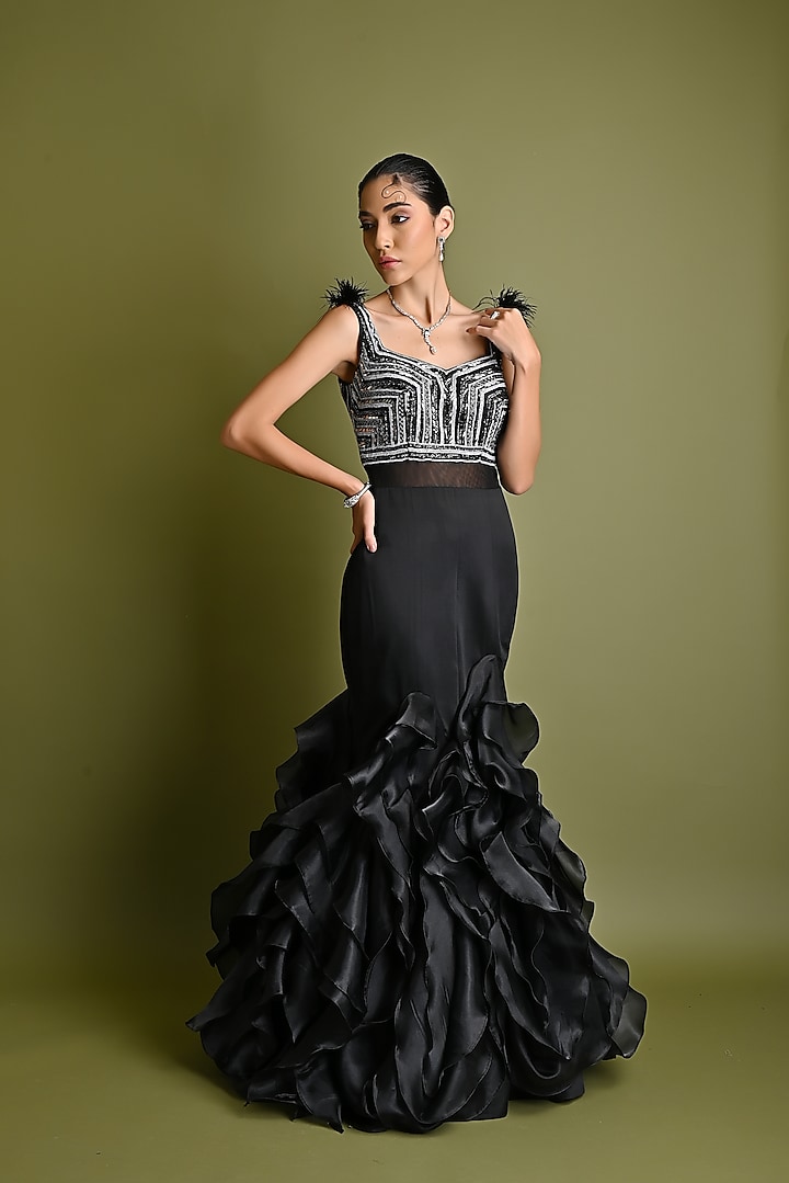 Black Satin Fish Cut Ruffled Gown by One Knot One