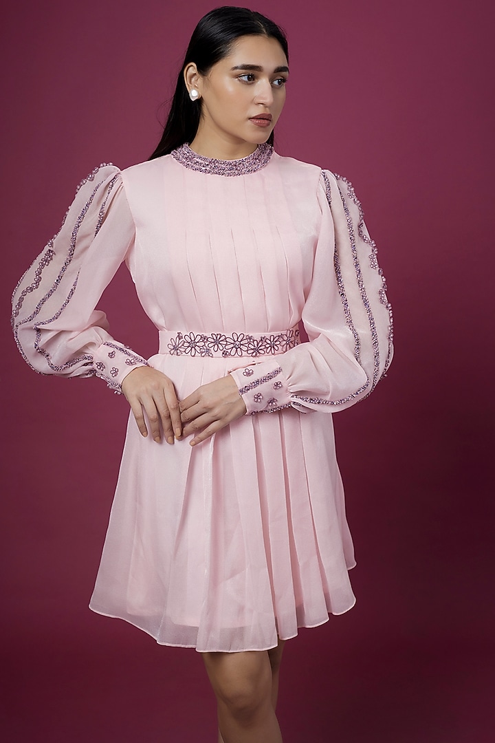 Barbie Pink Tissue Organza Pleated Vacation Dress by One Knot One By Ashna at Pernia's Pop Up Shop