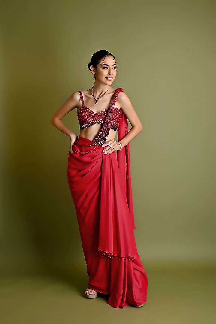 Red Georgette Pre-Stitched Saree Set by One Knot One at Pernia's Pop Up Shop