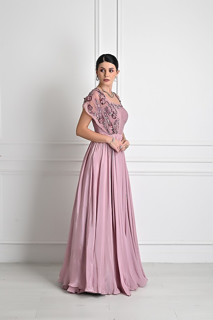 Blush Pink Embroidered Ruched Gown by One Knot One