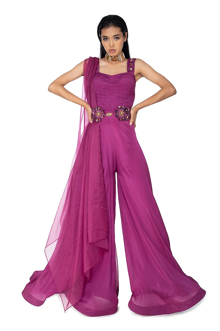 Deep Pink Chinon Chiffon Jumpsuit by One Knot One