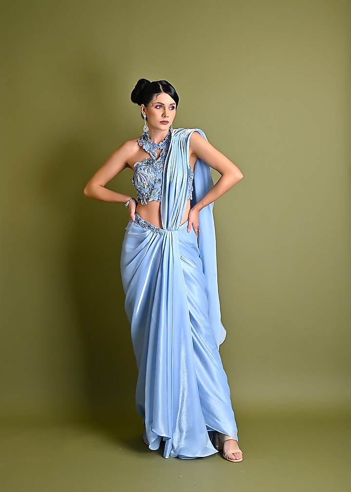Ice Blue Organza Pre-Draped Saree Set by One Knot One