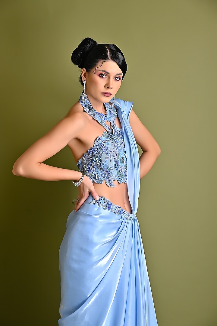 Ice Blue Organza Pre-Draped Wedding Saree Set by One Knot One By Ashna at Pernia's Pop Up Shop