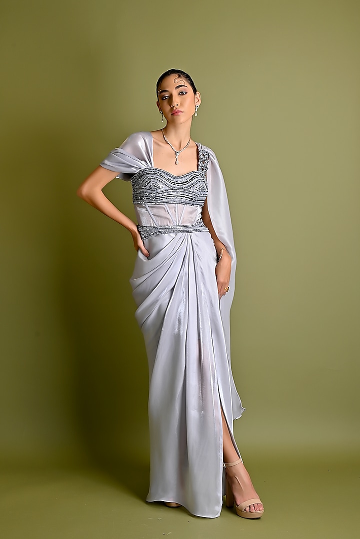 Ash Grey Organza Embroidered Gown by One Knot One at Pernia's Pop Up Shop