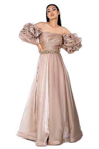 Gold Organza Gown by One Knot One By Ashna