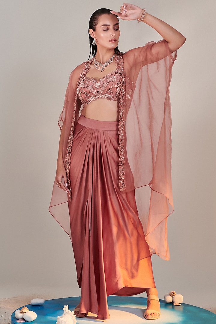 Salmon Pink Silk Satin Draped Skirt Set by One Knot One