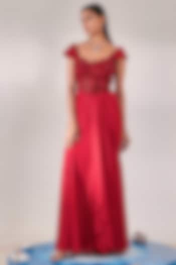 Red Metallic Georgette Zardosi Embroidered Draped Gown by One Knot One at Pernia's Pop Up Shop