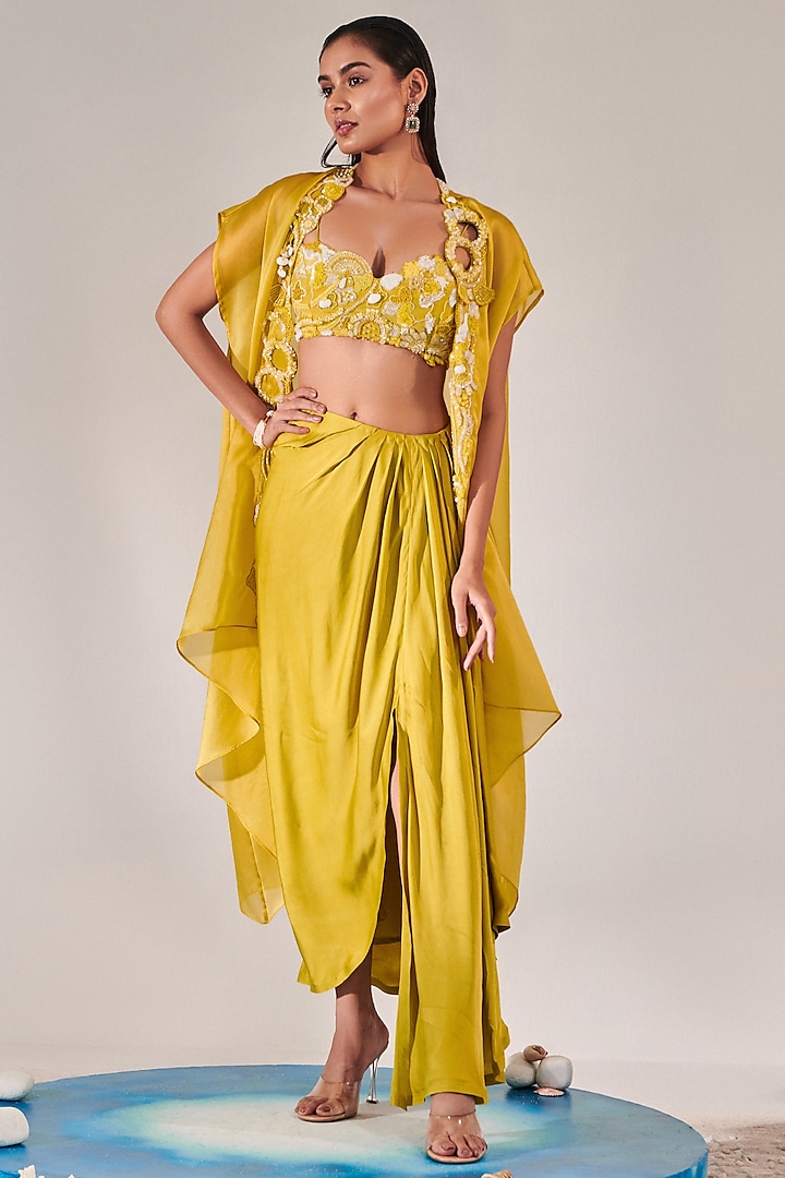 Yellow Silk Satin Asymmetric Draped Skirt Set by One Knot One