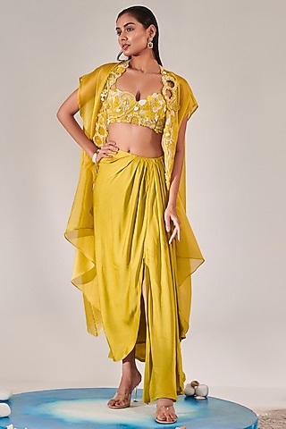 Yellow Silk Satin Asymmetric Draped Skirt Set by One Knot One By Ashna