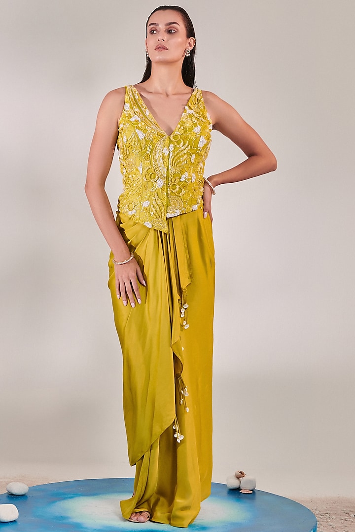 Yellow Silk Satin Skirt Set by One Knot One