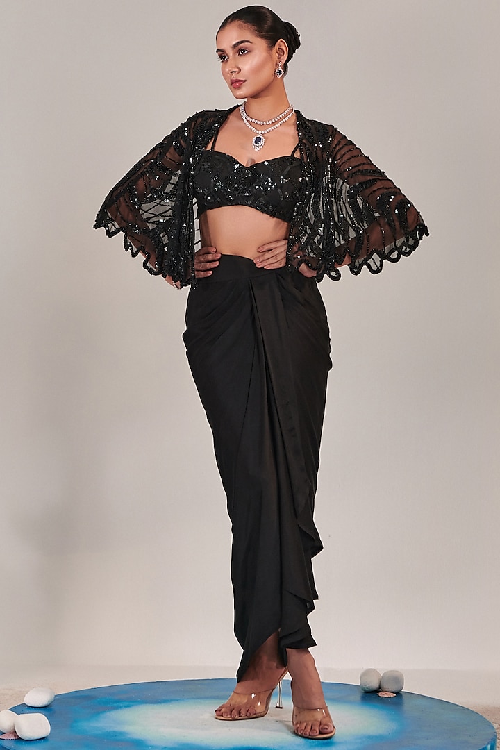 Black Silk Satin Draped Asymmetric Skirt Set by One Knot One