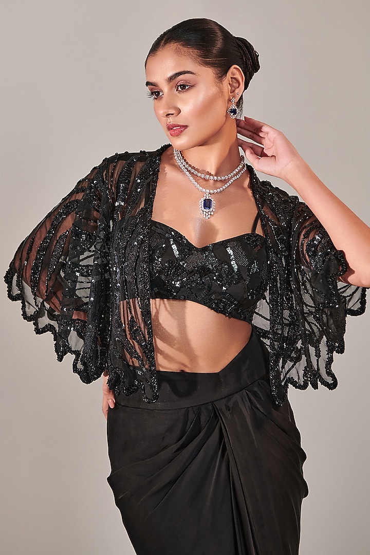 Black Silk Satin Draped Asymmetric Skirt Set by One Knot One By Ashna at Pernia's Pop Up Shop