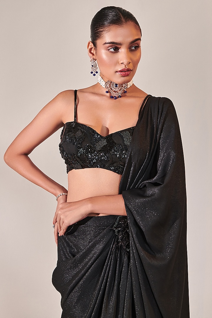 Black Metallic Georgette Pre-Stitched Wedding Saree Set by One Knot One By Ashna at Pernia's Pop Up Shop
